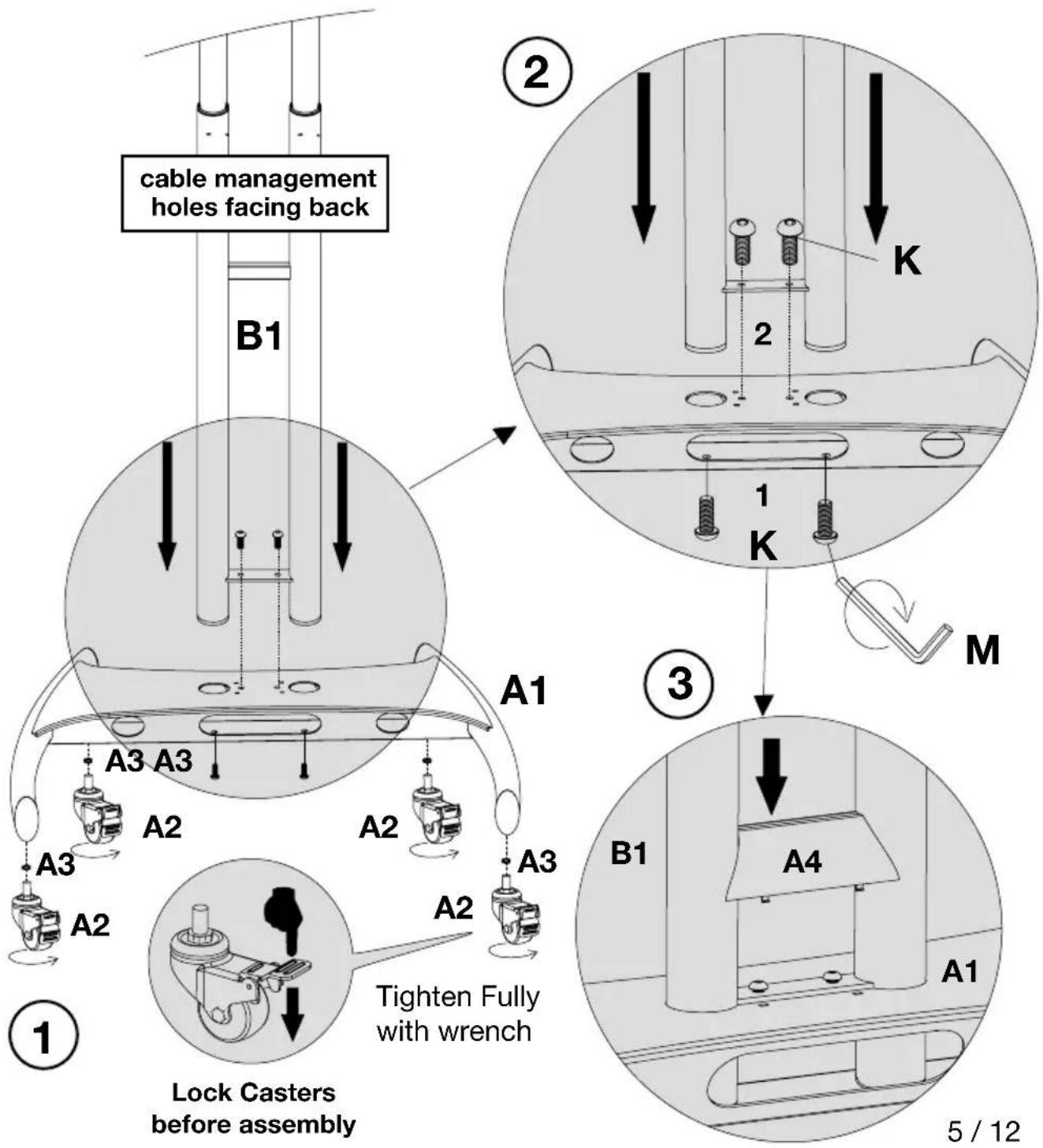 graph TD A["①"] --> B["Lock Casters before assembly"] B --> C["A2"] C --> D["A3"] D --> E["A2"] E --> F["A3"] F --> G["A2"] G --> H["A3"] H --> I["A2"] I --> J["A3"] J --> K["②"] K --> L["K"] L --> M["③"] M --> N["B1"] N --> O["A4"] O --> P["A1"] P --> Q["5/12"]