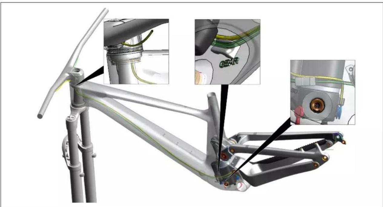 3D mechanical assembly diagram showing frame structure with highlighted parts and close-ups of internal components (no text or symbols)