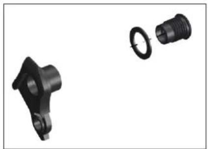 Three mechanical components shown in 3D rendering: a black bracket, a threaded bolt, and a separate circular component (no text or symbols visible)