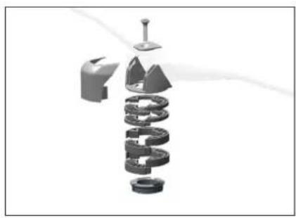 Exploded view of a mechanical component with spiral and pin components (no text or symbols)