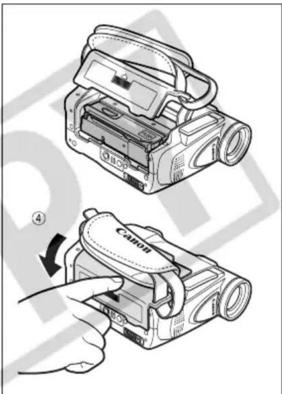 Diagram showing two steps of a Canon digital camera being opened, with a hand pointing to the device.