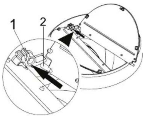 Technical diagram showing mechanical assembly with labeled parts 1 and 2, including a magnified inset view.
