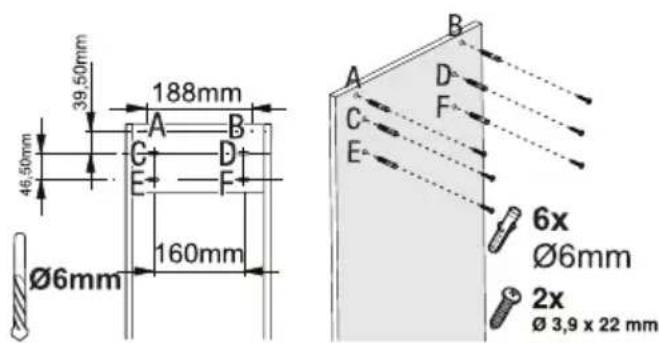 39.50mm 188mm 46.50mm Ø6mm 160mm A B C D E F B D F 6x Ø6mm 2x Ø 3,9 x 22 mm