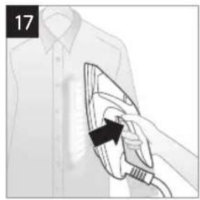 Illustration of a person using an electric shock absorber to clean clothing (no text or symbols)