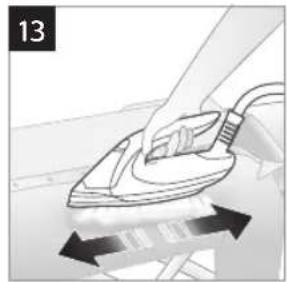 Illustration of a hand using a power iron to clean or install a component, with arrows indicating motion (no text or symbols)