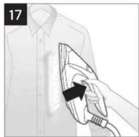 Illustration of a person using a hairdryer to clean clothing (no text or symbols visible)