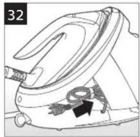 Line drawing of a steam iron with internal components and a black arrow indicating motion (no text or symbols)