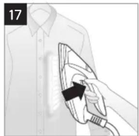 Illustration of a hand using a hairdryer to clean a shirt (no text or symbols visible)