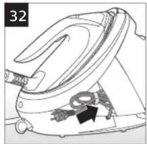 Line drawing of a steam iron with attached electrical socket and power cord (no text or symbols)