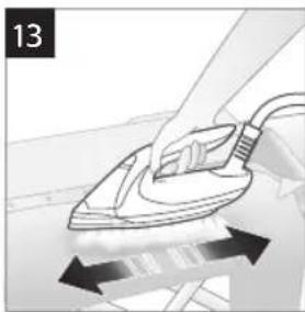 Illustration of a hand using a power iron to lift a surface, with arrows indicating motion (no text or symbols)