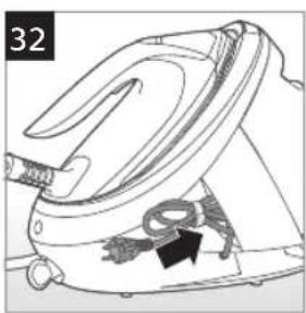 Line drawing of a steam iron with a black arrow indicating motion (no text or symbols)