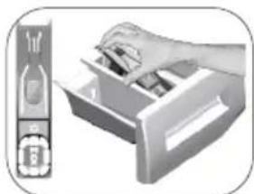 Illustration of a hand inserting a device into a drawer (no text or symbols visible)