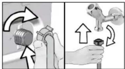 Illustration showing two hands adjusting a valve mechanism with directional arrows indicating motion (no text or symbols)