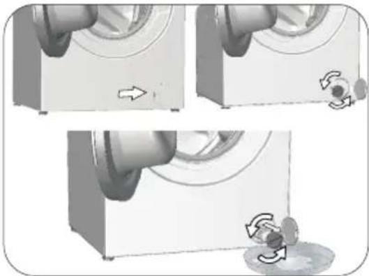 Three-panel illustration showing a washing machine with a hand operating it, before and after cleaning (no text or symbols)