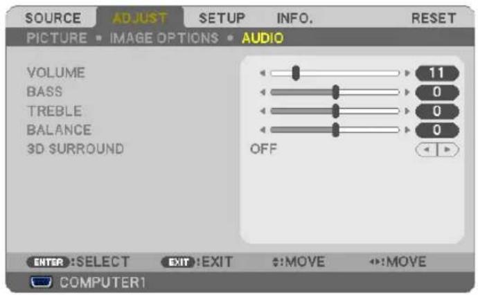 SOURCE ADJUST SETUP INFO. RESET PICTURE • IMAGE OPTIONS • AUDIO VOLUME BASS TREBLE BALANCE 3D SURROUND 11 0 0 0 OFF ENTER: SELECT EXIT: EXIT :MOVE :MOVE COMPUTER1