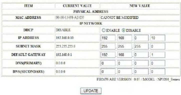 ITEM CURRENT VALUE NEW VALUE PHYSICAL ADDRESS MAC ADDRESS CANNOT BE MODIFIED IP NETWORK DHCP DISABLE ENABLE DISABLE IP ADDRESS 192.168.0.10 192 168 0 10 SUBNET MASK 255.255.255.0 255 255 255 0 DEFAULT GATEWAY 192.168.0.1 192 168 0 1 DNS(PRIMARY) 0.0.0.0 0 0 0 0 DNS(SECONDARY) 0.0.0.0 0 0 0 0 FIRMWARE VERSION : 0.07 / MODEL : NP3200_Series UPDATE