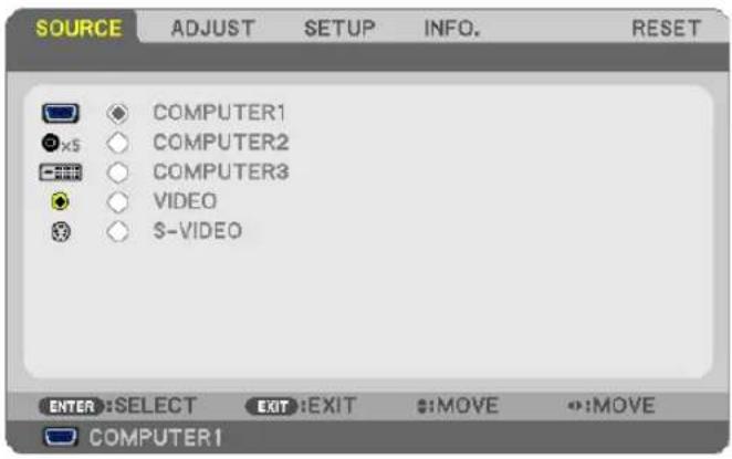 SOURCE ADJUST SETUP INFO. RESET COMPUTER1 COMPUTER2 COMPUTER3 VIDEO $-VIDEO ENTER: SELECT EXIT: EXIT :MOVE :MOVE COMPUTER1
