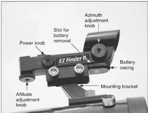 Power knob Slot for battery removal Azimuth adjustment knob EZ Finder II Battery casing Mounting bracket Altitude adjustment knob