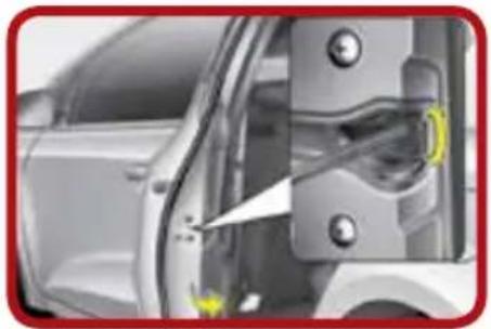 Exterior view of a car door with visible mechanical components and yellow directional arrows indicating motion (no text or symbols)