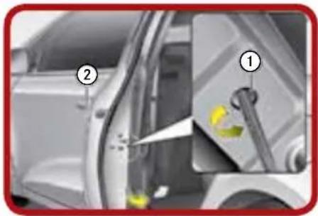 Interior view of a car showing the door, seatbelt, and mechanical component (no visible text or symbols)