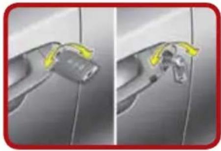Two-panel illustration showing a hand holding a device with yellow arrows indicating motion or change (no text or symbols)