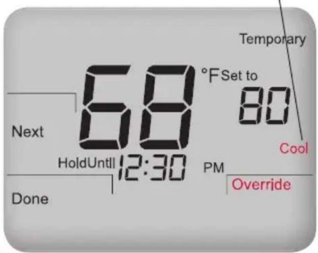 Temporary 68°FSet to 80 Next HoldUntil 12:30 PM Cool Done Override