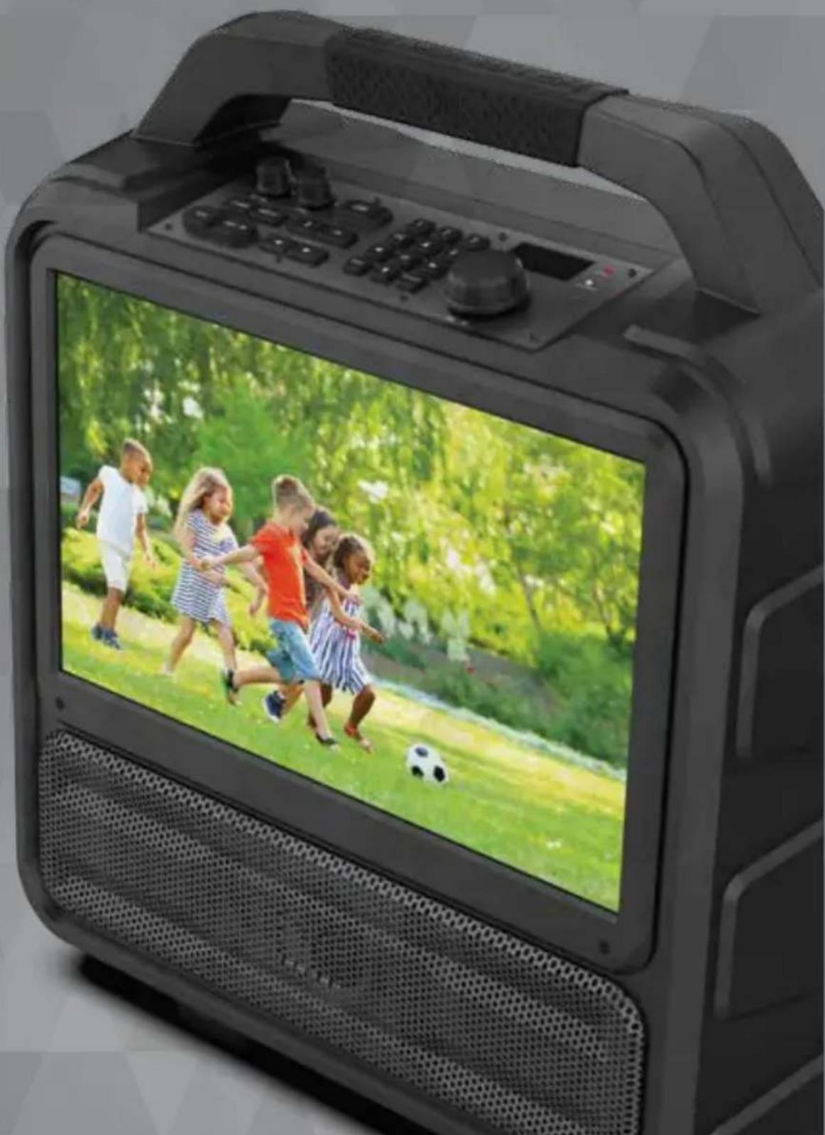 Black-and-white photo of a portable electronic device displaying a soccer ball on a grassy field, with no visible text or symbols.