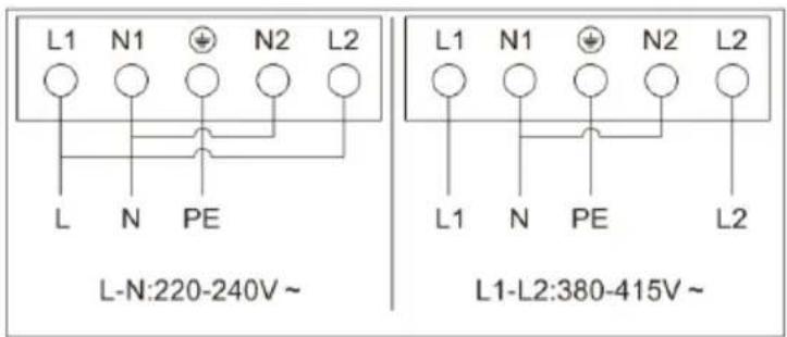 L1 N1 N2 L2 L N PE L-N:220-240V ~ L1 N1 N2 L2 L1 N PE L2 L1-L2:380-415V ~
