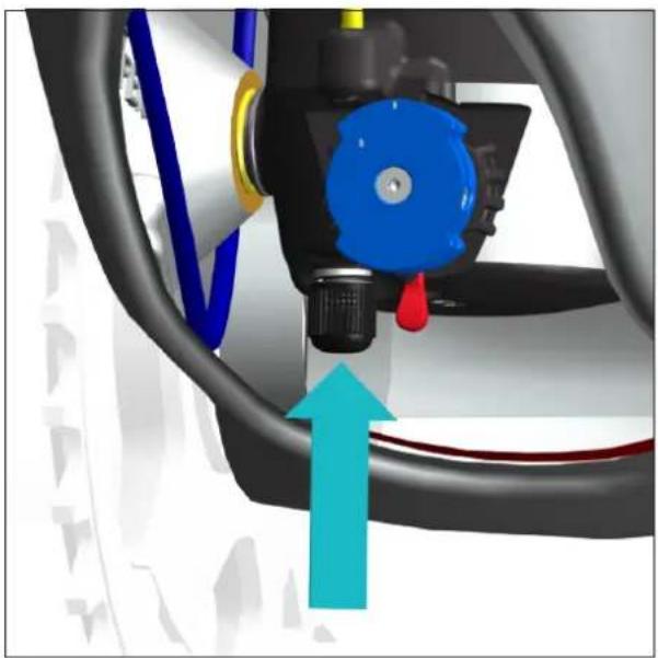 Close-up of a mechanical component with blue and black parts, showing a blue valve and red handle, with a cyan upward arrow indicating motion or force (no text or symbols)