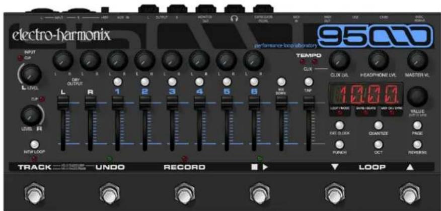 electro-harmonix 95000 performance loop laboratory INPUT GIP L LEVEL OR OUTPUT L R 1 2 3 4 5 6 8 TIME TEMPD CLUX CLK LVL HEADPHONE LVL MASTER VL 10.00 LOOP MODE WHITE/SATI WD ON DIME VALUE OUT DIME EXT QUICK QUANTICE PAGE PUNCH OCT REVERSE NEW LOOP TRACK UNDO RECORD LOOP