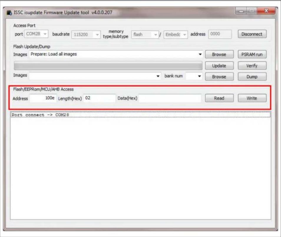 ISSC isupdate Firmware Update tool v4.0.0.207 Access Port port COM28 baudrate 115200 memory type/subtype flash / Embedc address 0000 Disconnect Flash Update/Dump Images Prepare: Load all images Browse PSRAM run Update Verify Images bank num Browse Dump Flash/EEPROM/MCU/AHB Access Address 100e Length(Hex) 02 Data(Hex) Read Write Port connect -> COM28