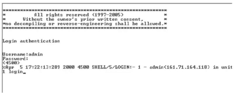 ********************************************************************** * All rights reserved (1997-2005) * * Without the owner's prior written consent, * *no decompiling or reverse-engineering shall be allowed.* ********************************************************************** Login authentication Username:admin Password: <4500> ×Apr 5 17:22:13:289 2000 4500 SHELL/5/LOGIN:- 1 - admin(161.71.164.118) in unit 1 login_