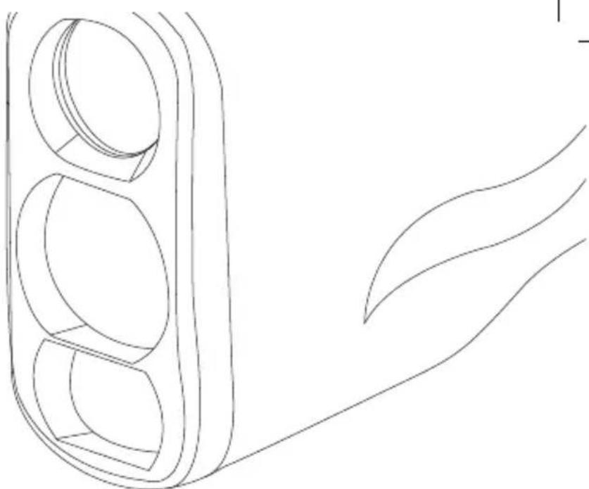 Dessin au trait d'un feu de circulation avec trois fenêtres circulaires et des lignes courbes s'étendant vers l'extérieur (sans texte ni symboles)