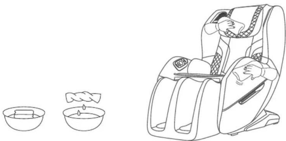 Line drawing of a person using a massage chair with two bowls below, no text or symbols present.