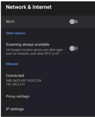 Network & Internet Wi-Fi Other options Scanning always available Let Google's location service and other apps scan for networks, even when Wi-Fi is off Ethernet Connected fe80::8e23:c597-2635:223b 192.168.0.214 Proxy settings IP settings