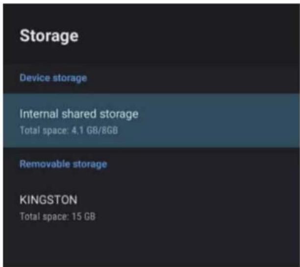 Storage Device storage Internal shared storage Total space: 4.1 GB/8GB Removable storage KINGSTON Total space: 15 GB