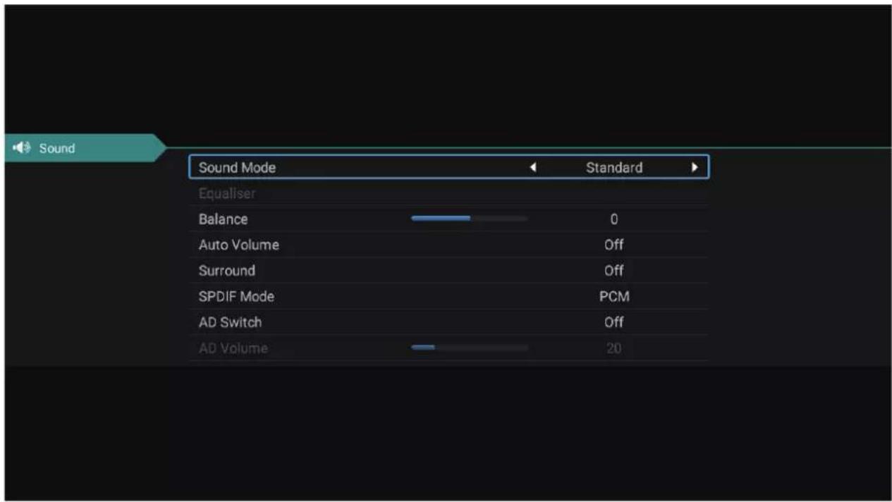 Sound Sound Mode Standard Equaliser Balance 0 Auto Volume Off Surround Off SPDIF Mode PCM AD Switch Off AD Volume 20