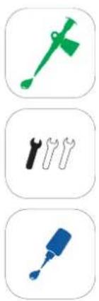 Three icon buttons showing different types of tools: green tool, black wrench, and blue screwdriver (no text or symbols)