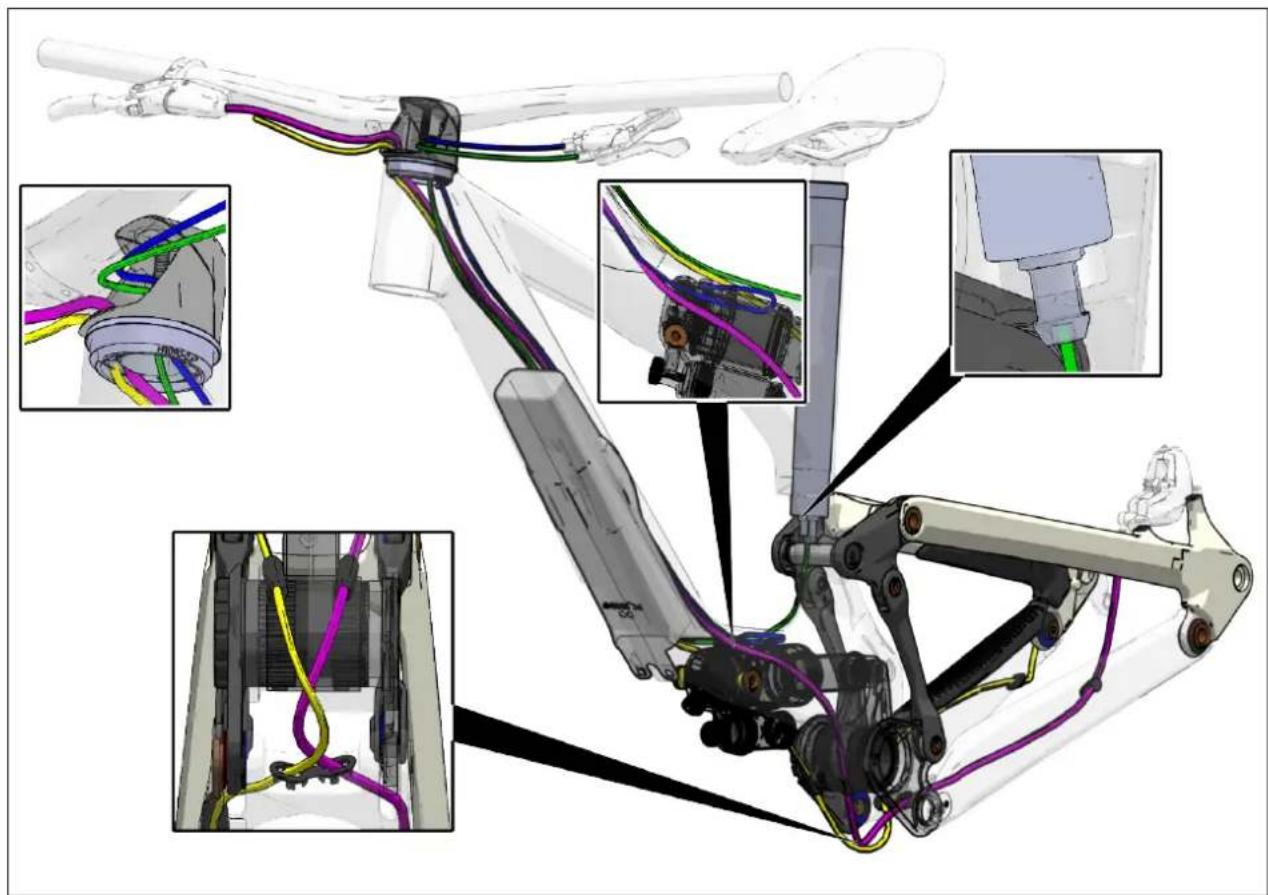 Technical illustration of a robotic arm with colored wires and connectors, showing close-up views (no text or symbols)