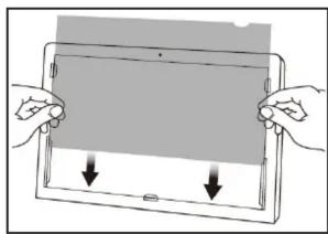 Illustration of two hands holding a tablet with a slide and two downward arrows indicating action (no text or symbols present)