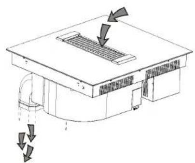 Diagram of a building interior with ventilation ducts and airflow arrows (no text or symbols)