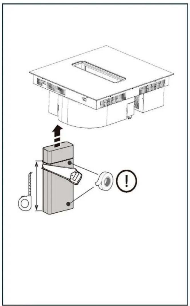 Technical diagram showing a mechanical assembly with labeled components and directional arrows, including a warning symbol.