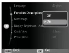 Language Function Description Start image Display Brightness: Auto Quick View Power Save English Off On Off Back Set