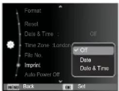 Format Reset Date & Time : Off Time Zone : London File No. Imprint Auto Power Off Off Date Date & Time None Back On Set