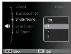 Volume Start Sound : Off Shutter Sound Bass Sound AF Sound (Medium) Off 1 2 3 Back Off Set