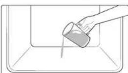 Simple line drawing of a hand pouring liquid into a container (no text or symbols)