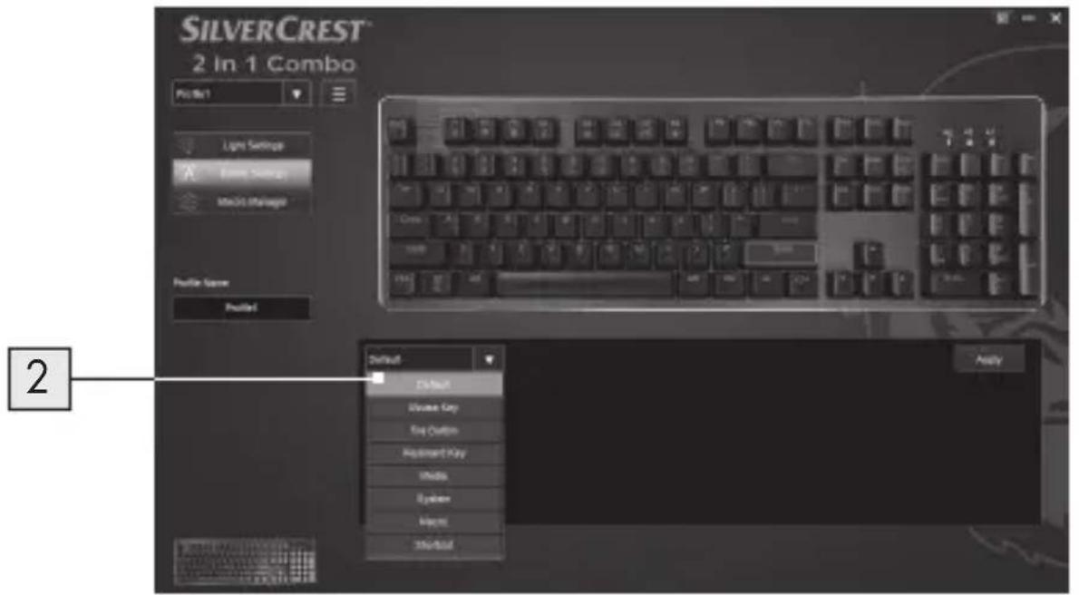 SILVERCREST® 2 In 1 Combo. File Edit, Light Settings, A, Faint Settings, Mode Manager, Profile Name, Profile, Default, Default, Browse Key, Key Button, Equipment Key, Media, System, Macrol, Showout, Apply.