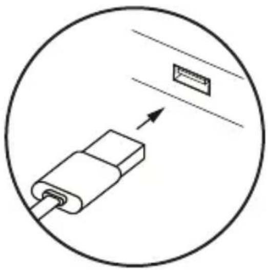 Diagram of a USB connector with an arrow indicating direction, enclosed in a circle (no text or symbols).