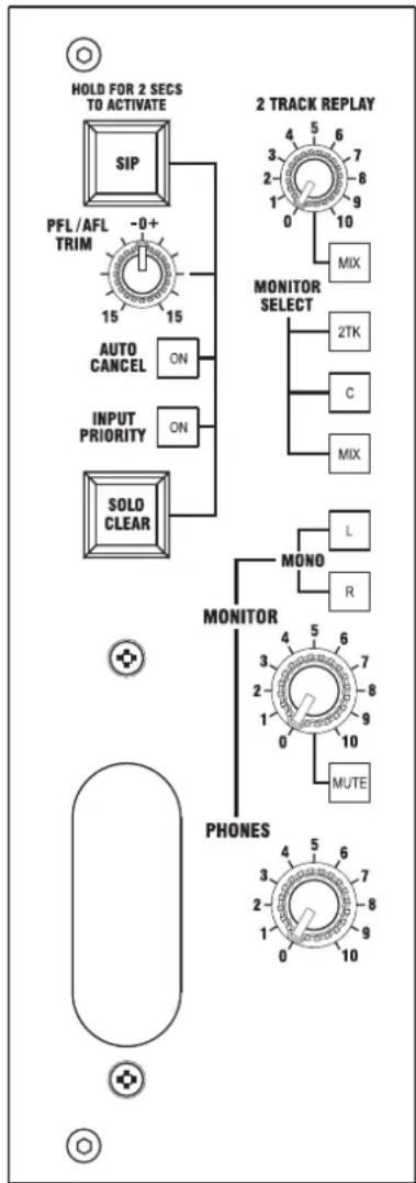 HOLD FOR 2 SECS TO ACTIVATE SIP PFL/AFL TRIM -0+ 15 15 AUTO CANCEL ON INPUT PRIORITY ON SOLO CLEAR 2 TRACK REPLAY 4 5 6 3 7 2 8 1 9 0 10 MIX MONITOR SELECT 2TK C MIX L R MONITOR MONITOR 3 4 5 6 2 7 1 8 0 9 10 MUTE PHONES 3 4 5 6 2 7 1 8 0 9 10