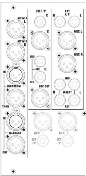 ALT MIX L ALT MIX R SND INS C RET OSC OUT A20 EXT I/P EXT I/P L R MIX L MIX R R INSERT L RET A19 EXT I/P TALKBACK OUT